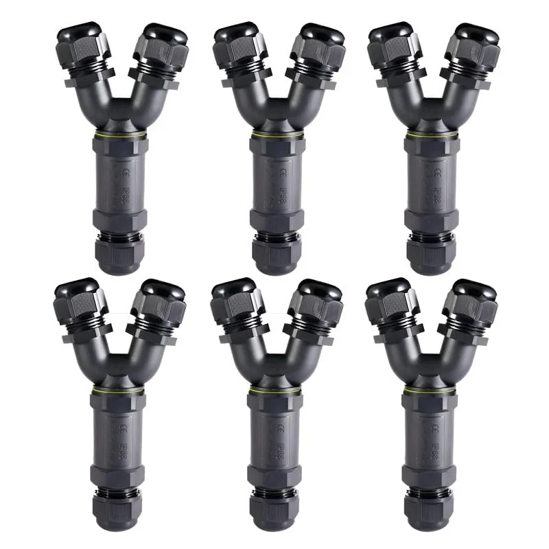 2 Way waterproof junction box showing 3-pin IP68 connector with nylon shell and silicone sealing ring for outdoor use