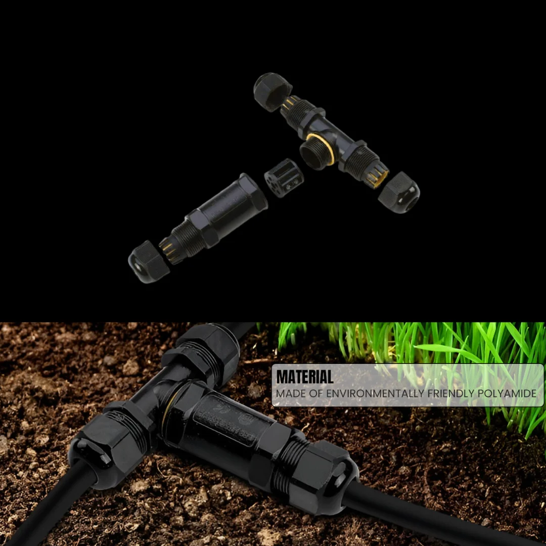 3-way waterproof junction box connector in black nylon with three cable ports and silicone sealing ring for outdoor use