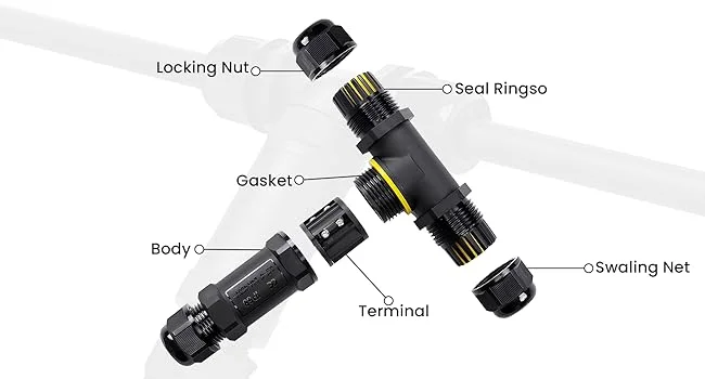 3-way IP68 waterproof electrical connector with nylon shell and nickel-plated brass clamps for outdoor use