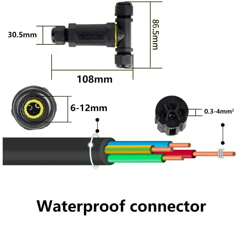 Black 3 pin cable connector junction box with waterproof IP68 rating and nylon PA66 shell for outdoor use