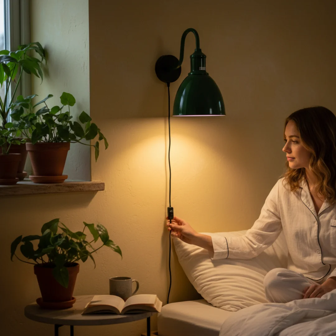 Vintage industrial metal plug in wall light with swan neck arm and dimmer switch on 2m fabric cable