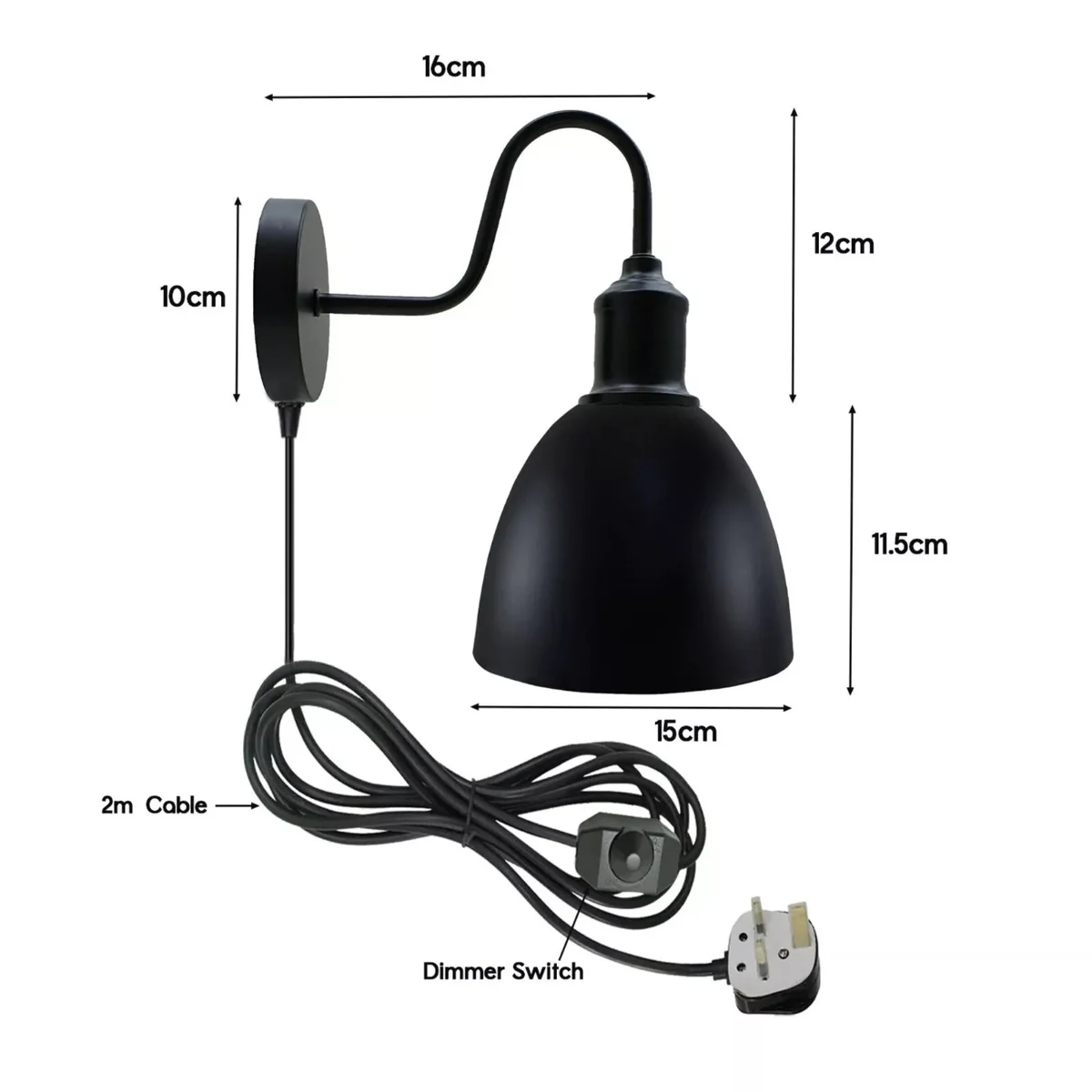 Vintage industrial wall light with metal shade, swan neck arm, and 2m fabric cable with dimmer switch plugged into wall