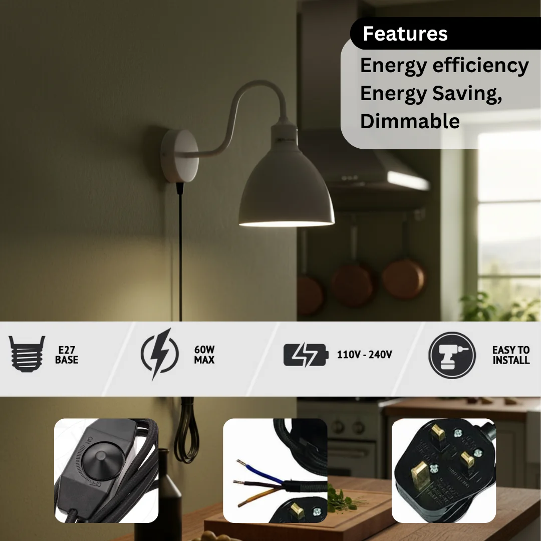 Vintage industrial dimmable wall lamp with metal shade, swan neck arm, and 2m fabric cable with dimmer switch