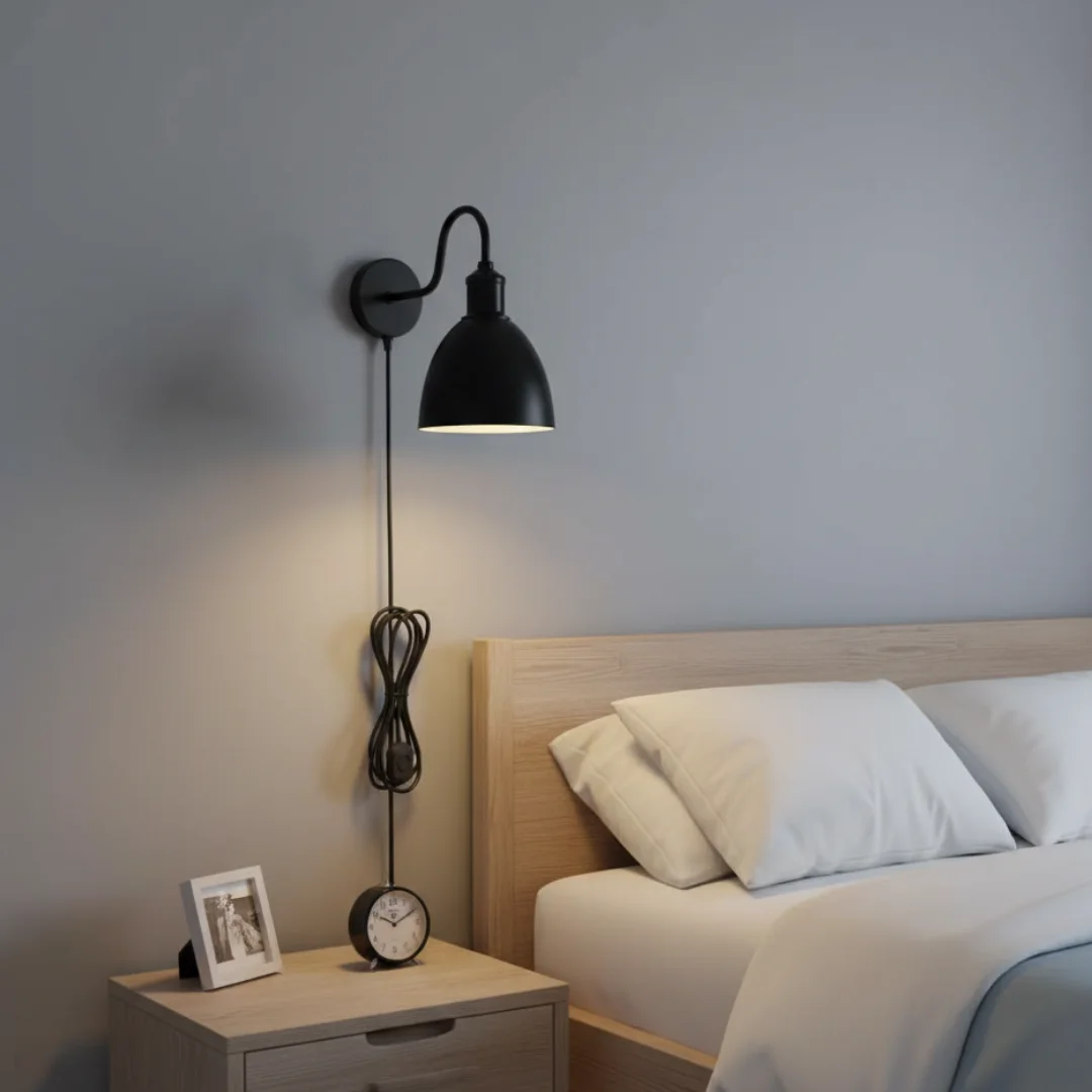 Vintage industrial metal wall sconce with swan neck arm, dimmer switch, and 2m fabric cable plugged into wall socket