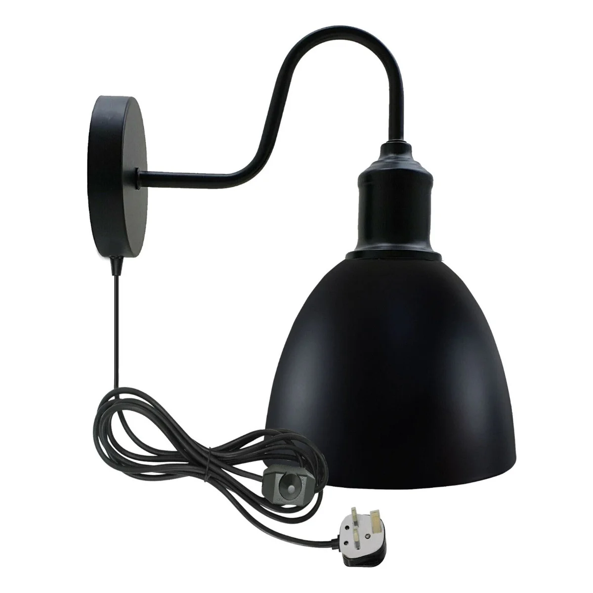 Vintage plug in light with metal shade and swan neck arm, showing dimmer switch on 2m fabric cable on wall