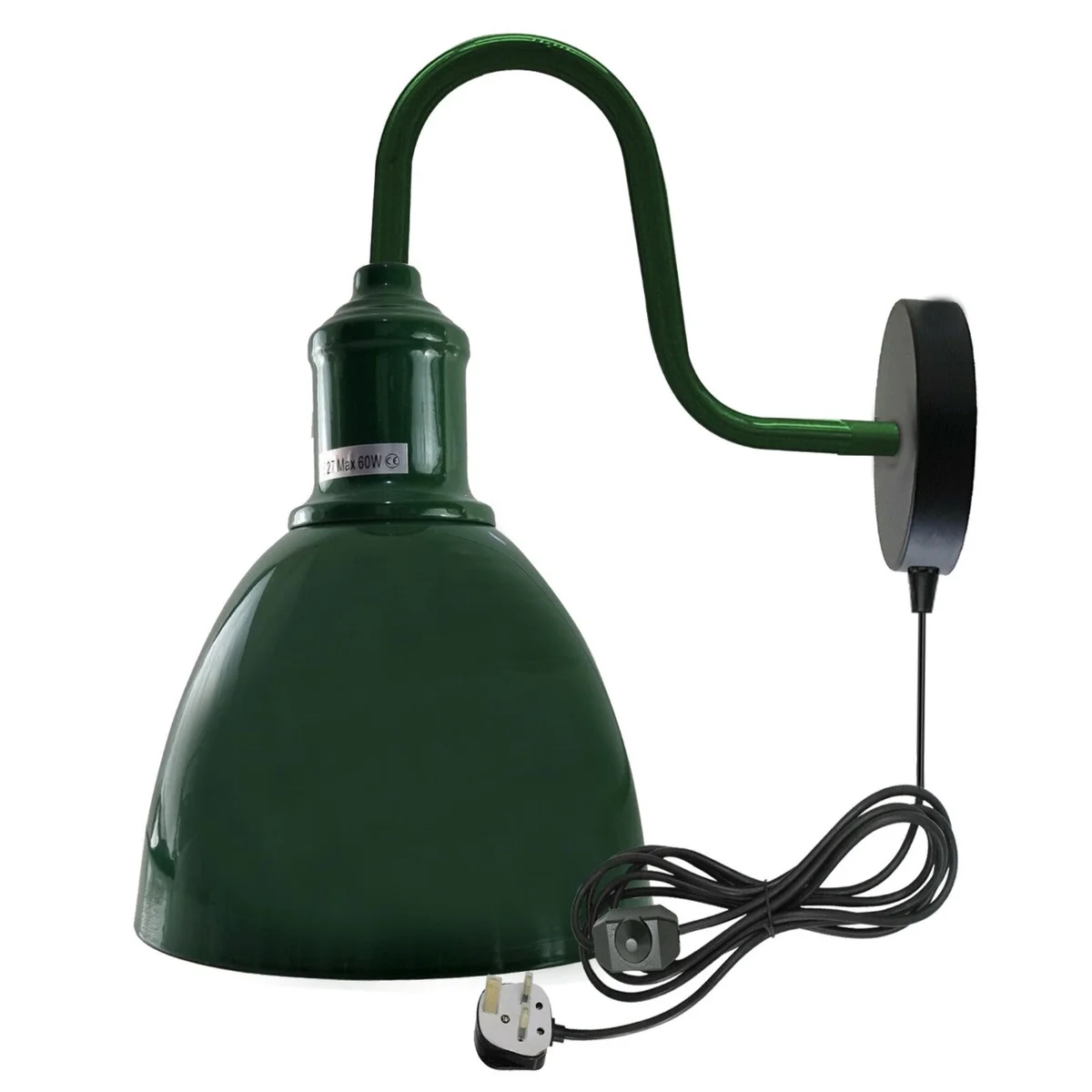 Vintage metal plug in wall light with swan neck arm and dimmer switch on 2m fabric cable against white wall