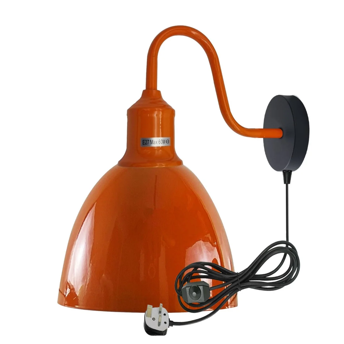 Vintage industrial metal plug in wall light with swan neck arm and 2m fabric cable with dimmer switch on white wall