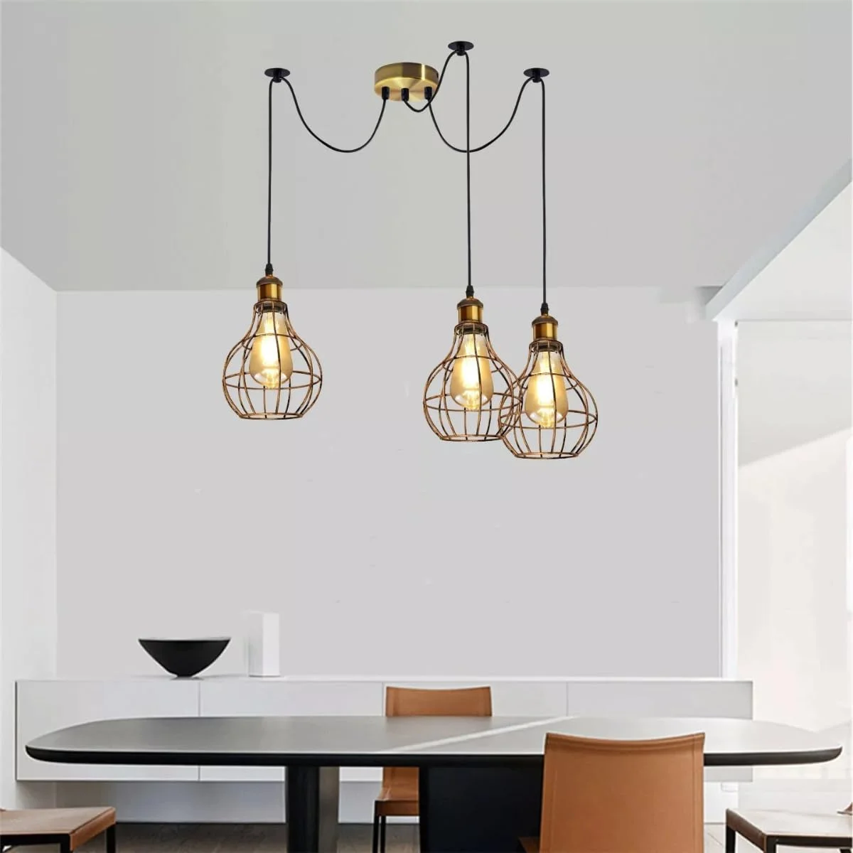 Vintage metal adjustable length ceiling light with Edison bulb and industrial wheel design in warm white LED glow