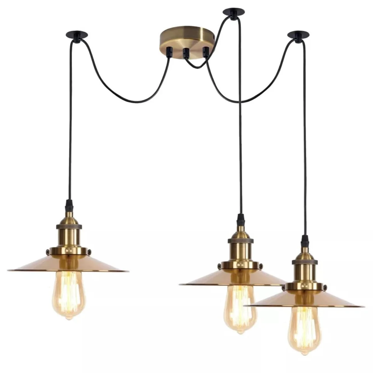 Vintage metal ceiling light with adjustable length, Edison-style filament bulb, and industrial metal shade in warm white light