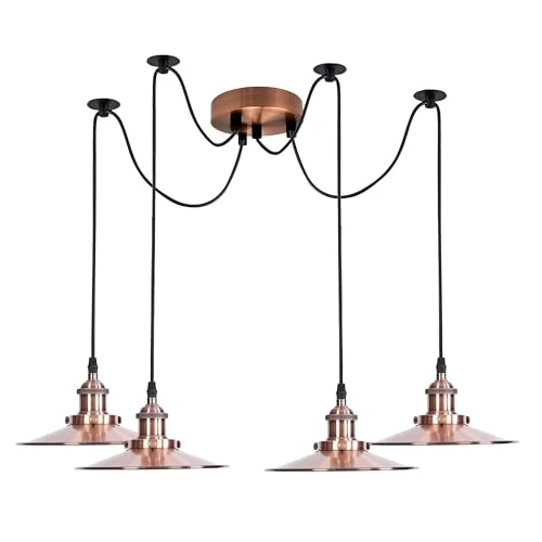 Industrial vintage ceiling light with four metal shades and adjustable hanging cords in retro spider design