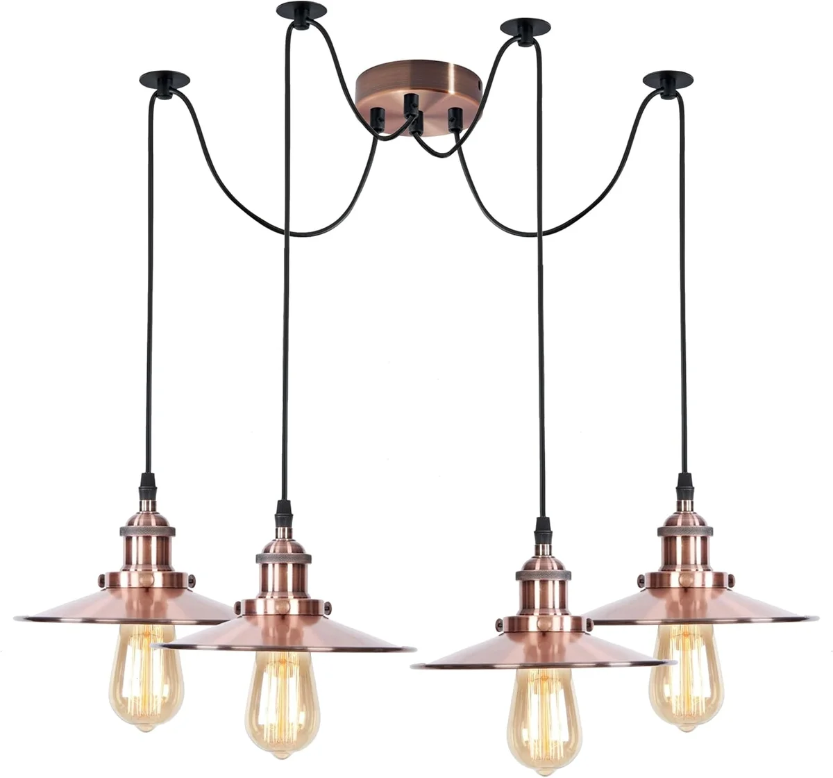 Vintage industrial adjustable pendant lamp with four metal shades and long PVC cables hanging from ceiling plate