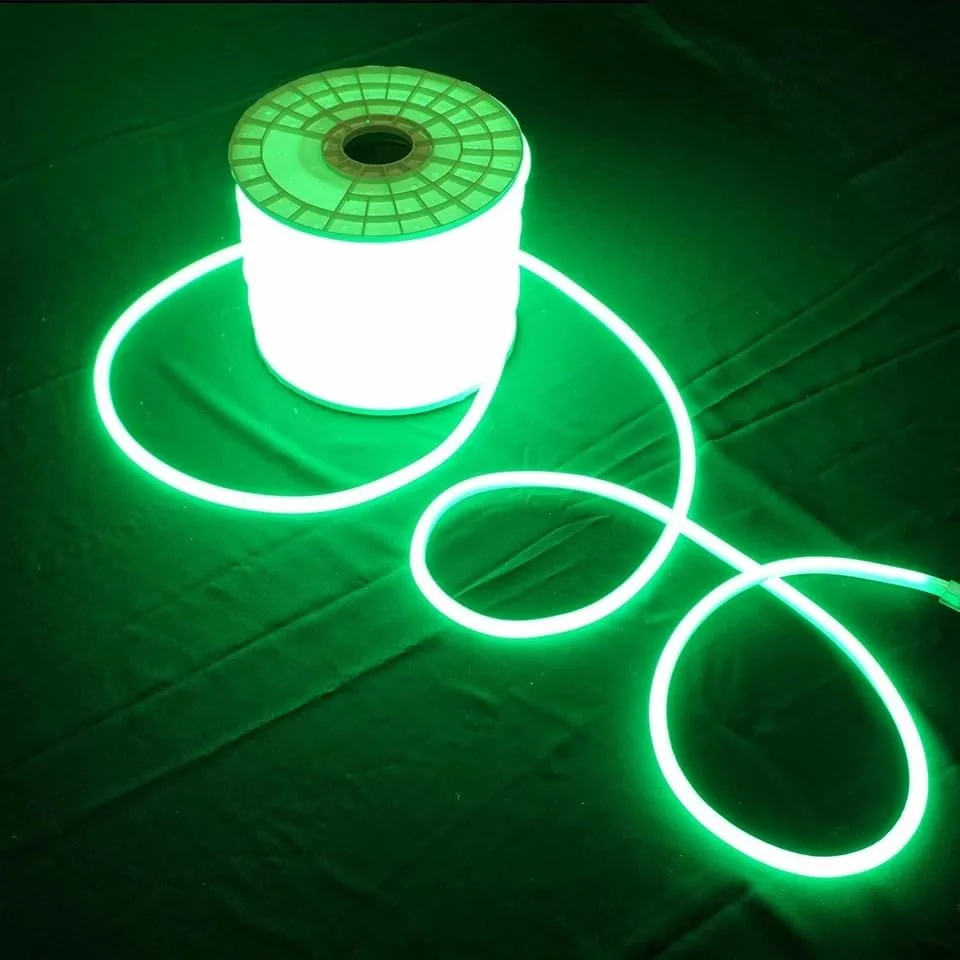Three flexible orange-red waterproof LED strip lights coiled on a white background, showing smooth neon glow and silicone material