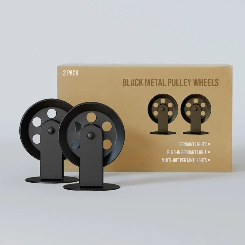 Black metal ceiling mounting pulley with smooth wheel and mounting screws for adjustable pendant light height control