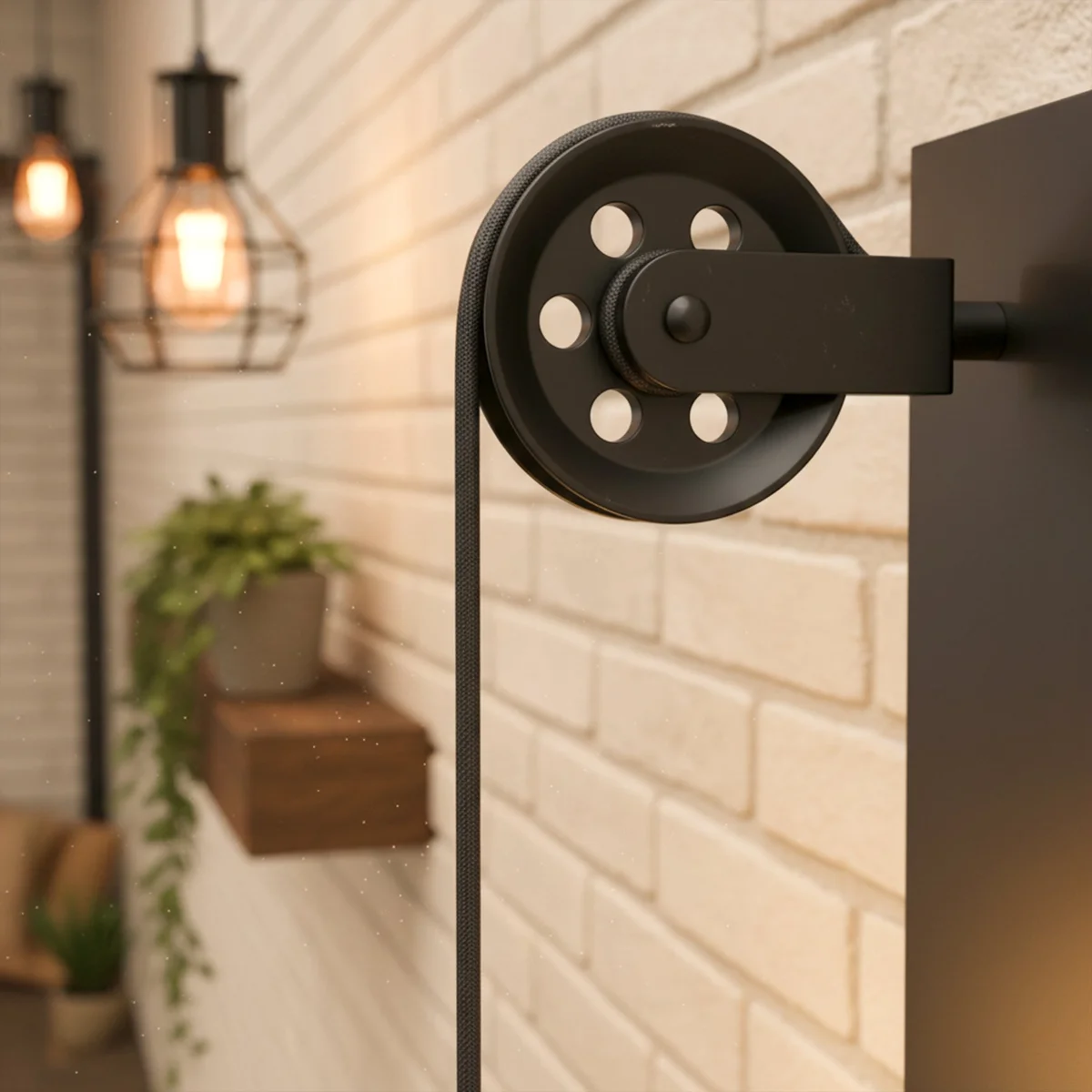 Black adjustable pendant light pulley wheel system mounted on wall with metal construction and mounting screws visible