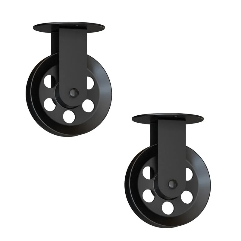 Black adjustable pendant light pulley wheel mounted on a wall with metal frame and mounting screws included