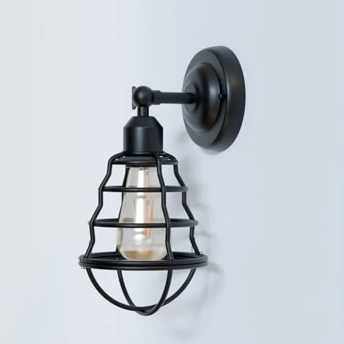 Industrial wall sconce with adjustable arm, metal cage, and vintage balloon-shaped design, suitable for dimmable E27 bulbs