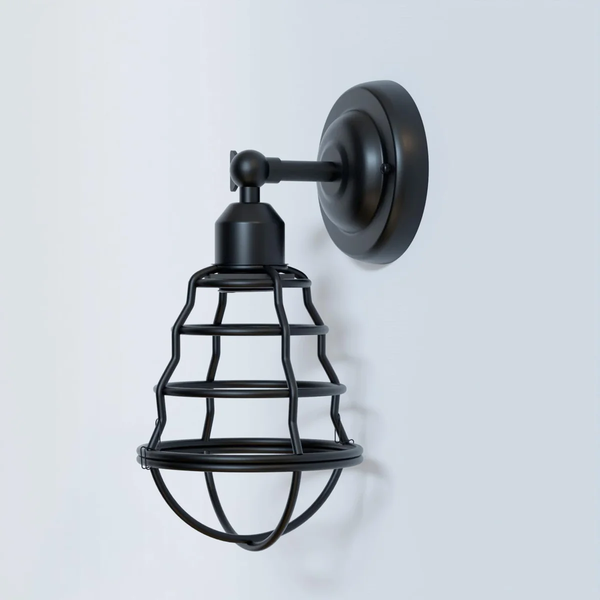 Industrial vintage style adjustable wall light with metal cage and balloon-shaped design mounted on a wall.