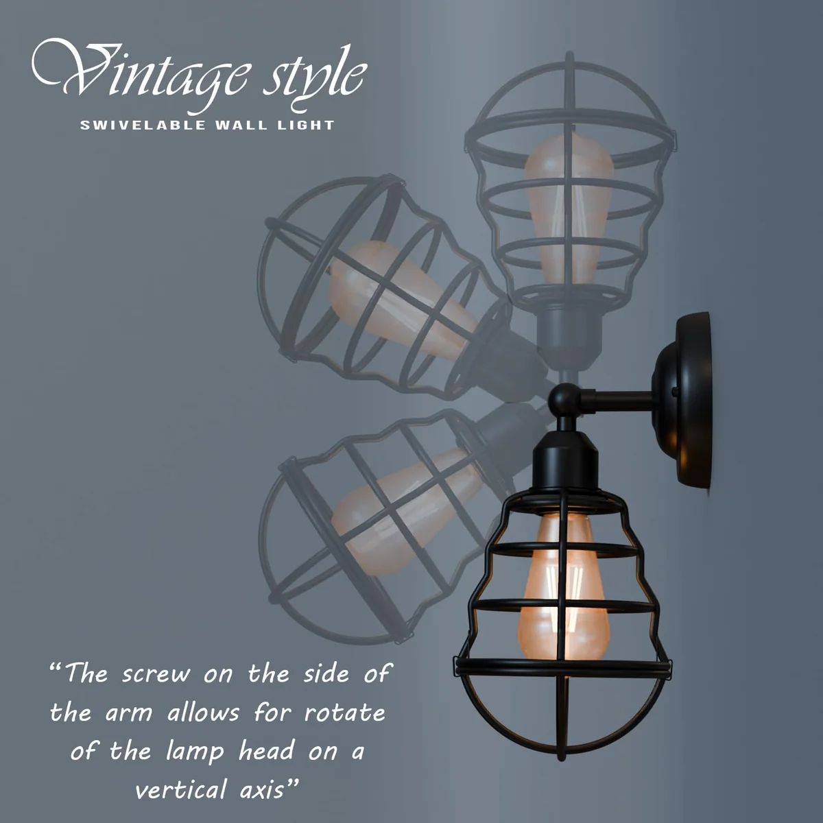 Adjustable industrial metal cage wall lamp with balloon-shaped vintage design and dimmable E27 bulb holder mounted on wall