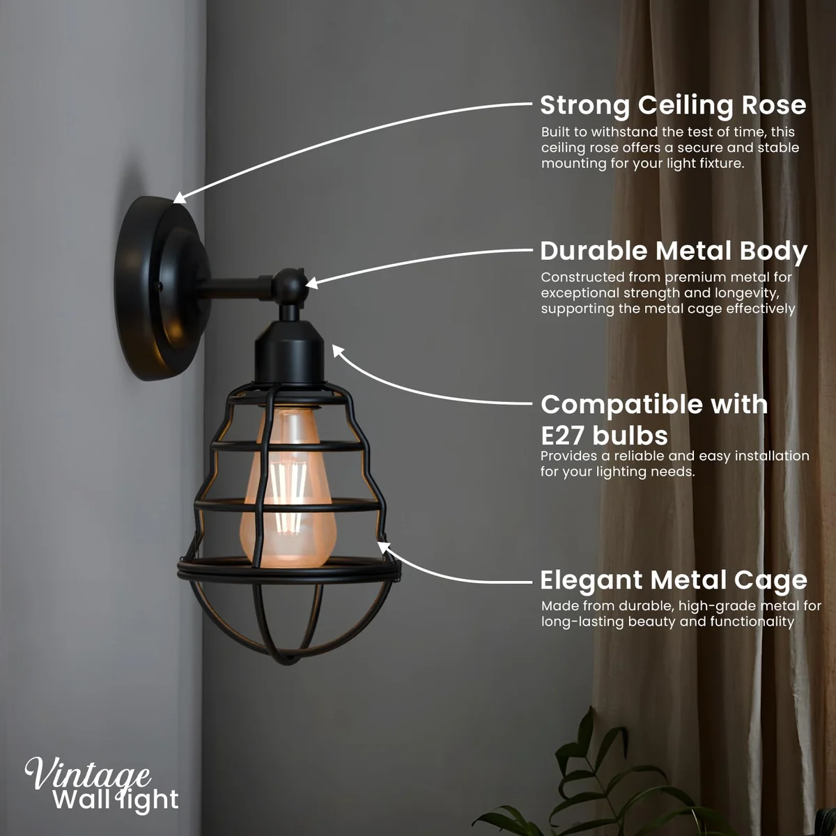 Industrial vintage style adjustable wall sconce with metal cage and E27 bulb holder mounted on wall