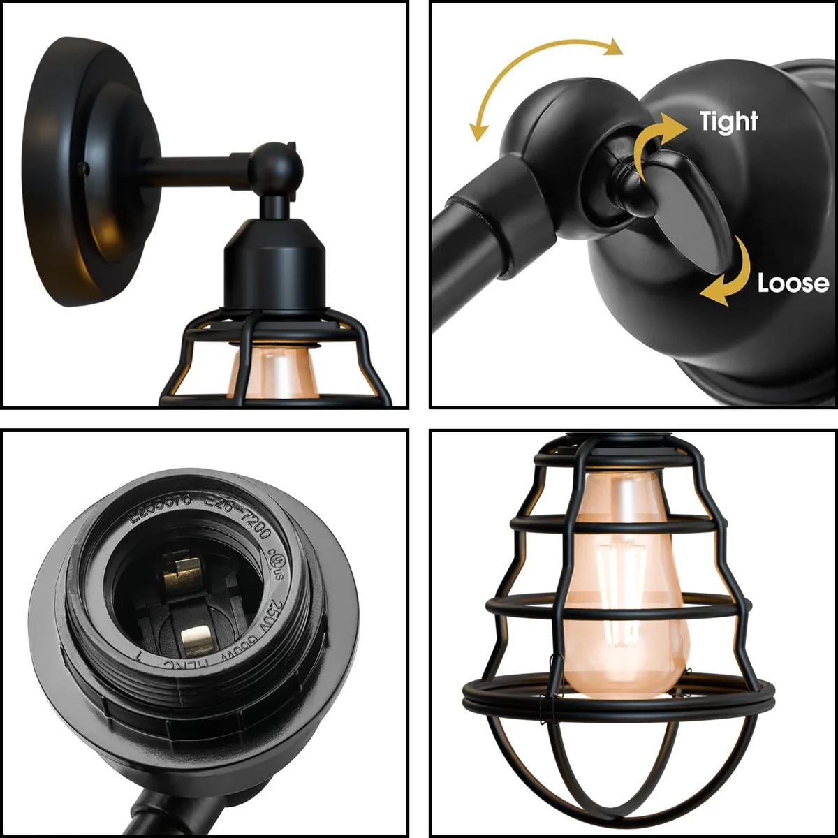 Adjustable industrial wall sconce with metal cage and balloon-shaped vintage design mounted on wall indoors