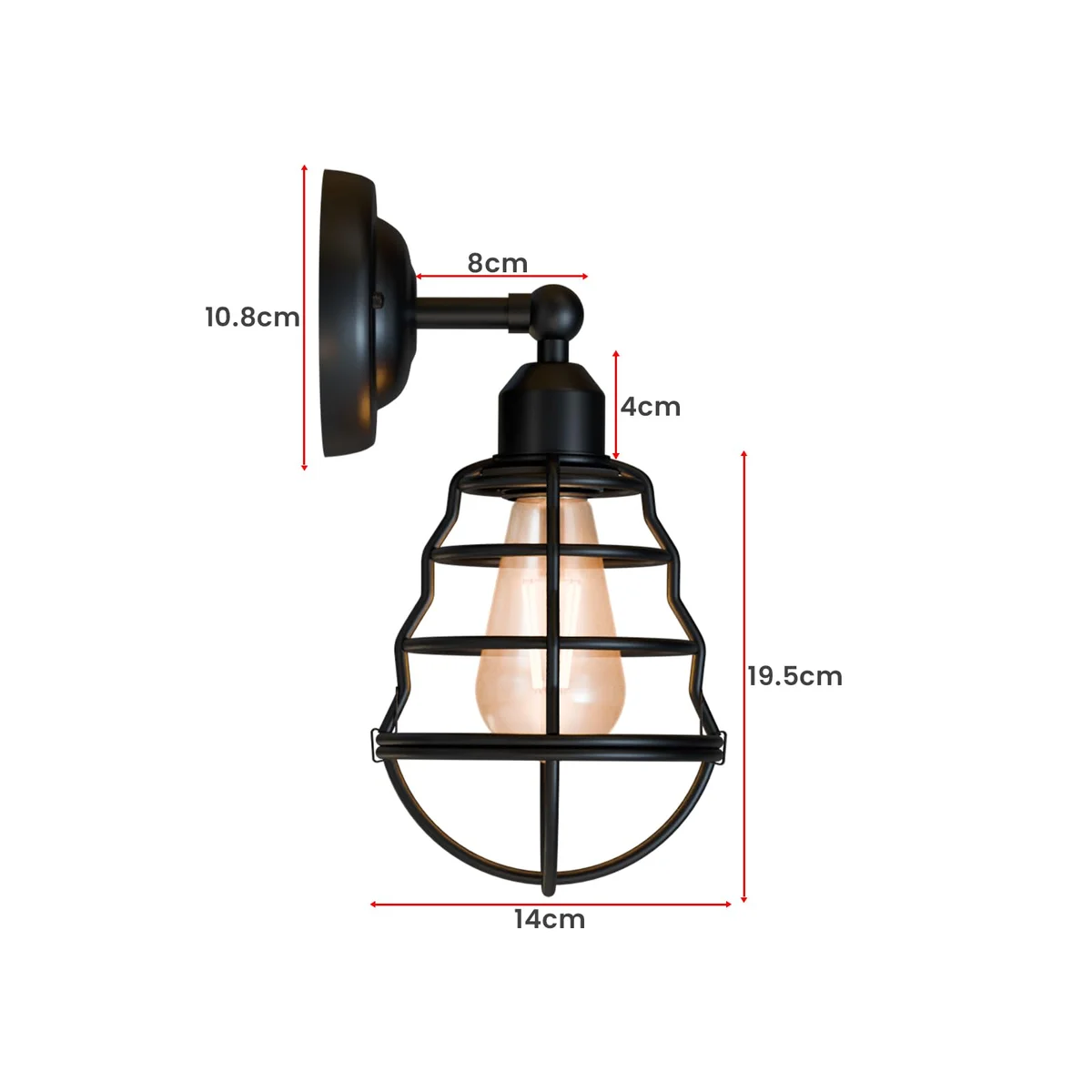 Adjustable industrial wall sconce with vintage balloon-shaped metal cage and E27 bulb holder mounted on wall