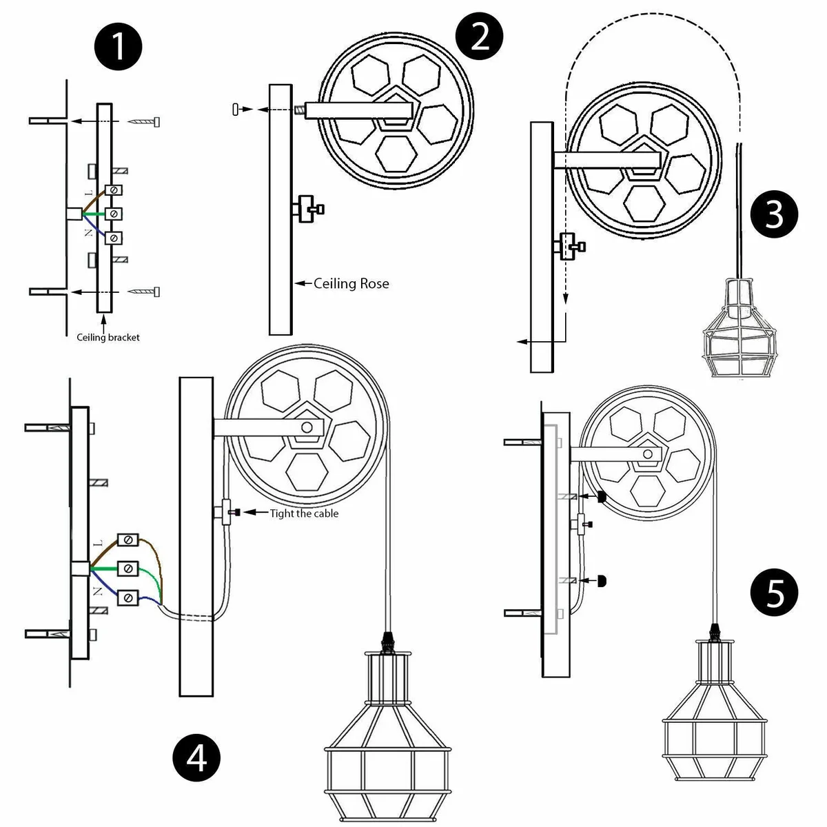 Brushed copper wall sconce featuring a decorative pulley wheel and metal balloon cage shade, adjustable hanging cable.