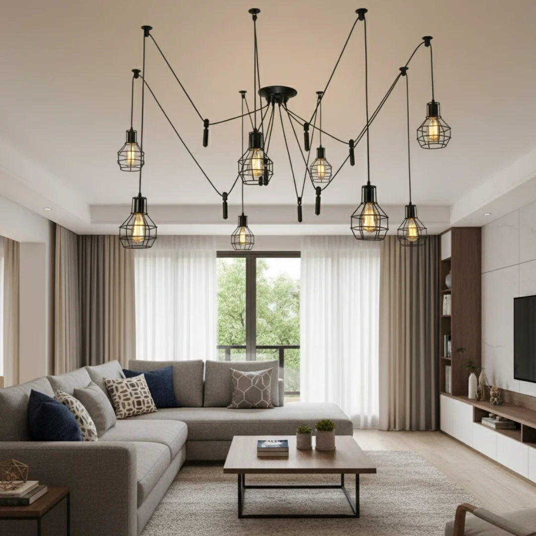 Industrial pendant light with 8 metal wire cage bulbs, vintage style, black finish, ceiling mounted with adjustable cables