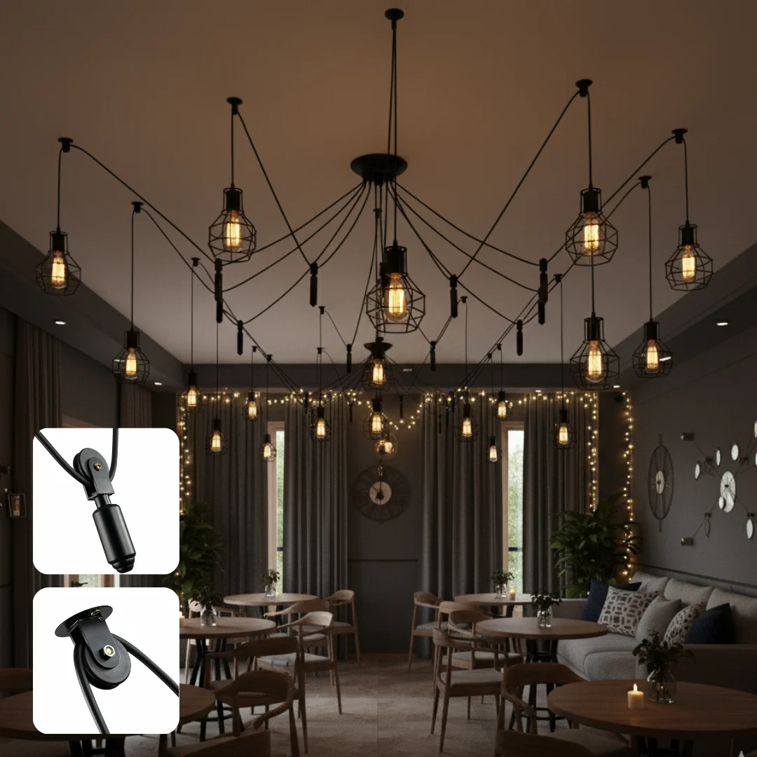 Industrial style 8 light ceiling fixture with metal wire cage and adjustable hanging cables, vintage design for indoor use