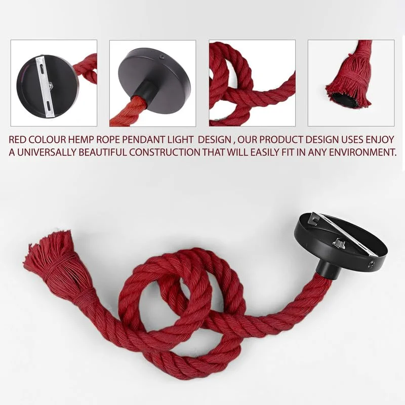 Vintage pendant light with twisted hemp rope cable and metal socket, ceiling-mounted, adjustable length design