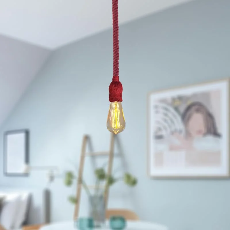 Vintage pendant light with twisted hemp rope cable and metal socket, adjustable length, ceiling mounted design
