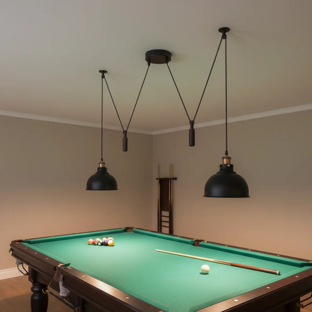 Industrial pulley ceiling light with two adjustable matte black metal shades and twin pulley system ceiling fixture