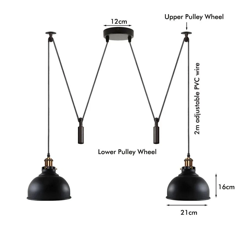 Matte black industrial adjustable pendant light with two metal shades and pulley system hanging from ceiling