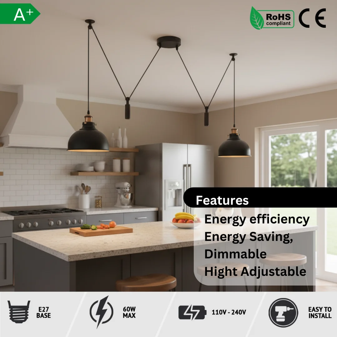 Matte black vintage industrial ceiling light with two adjustable pulley pendant lamps hanging over a wooden table