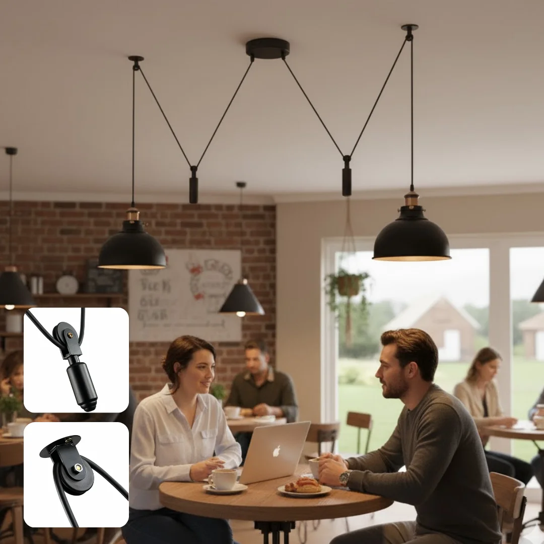 Matte black dual light ceiling pendant with adjustable pulley system and two metal shades hanging over a kitchen island
