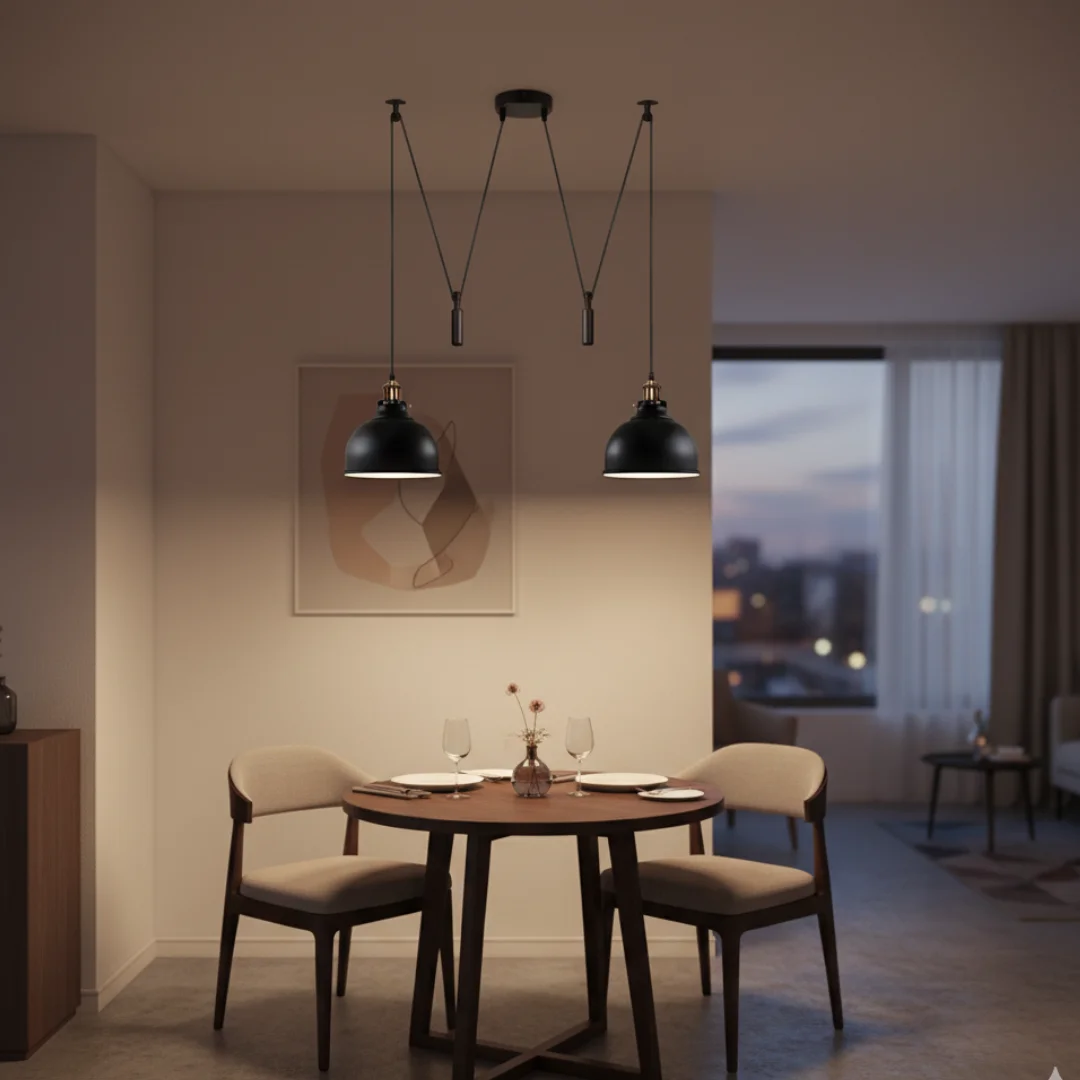 Industrial 2-light adjustable matte black ceiling light with twin pulley system and metal shades hanging over wooden table