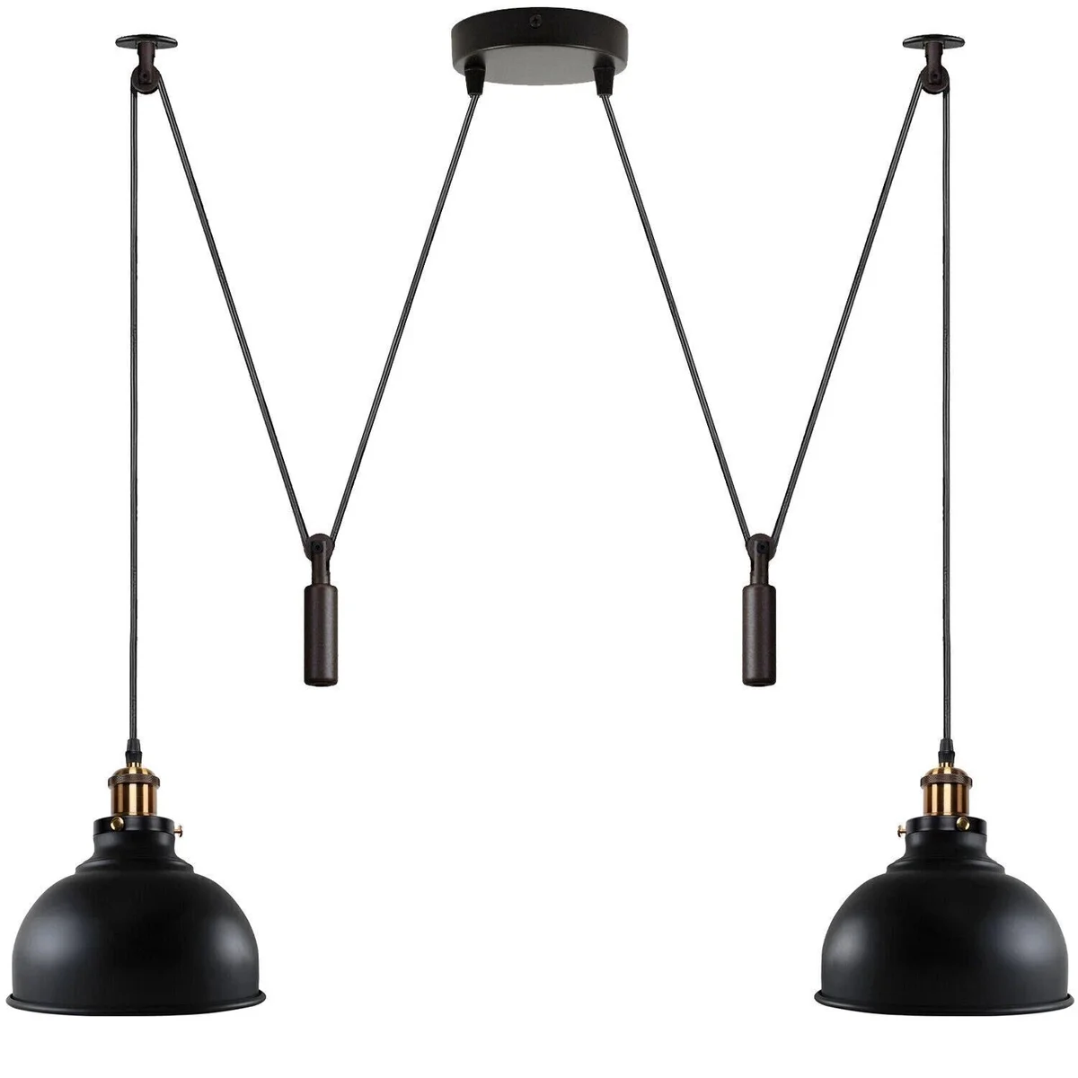 Matte black industrial 2-light adjustable pulley system kitchen island pendant light with twin metal shades hanging above counter