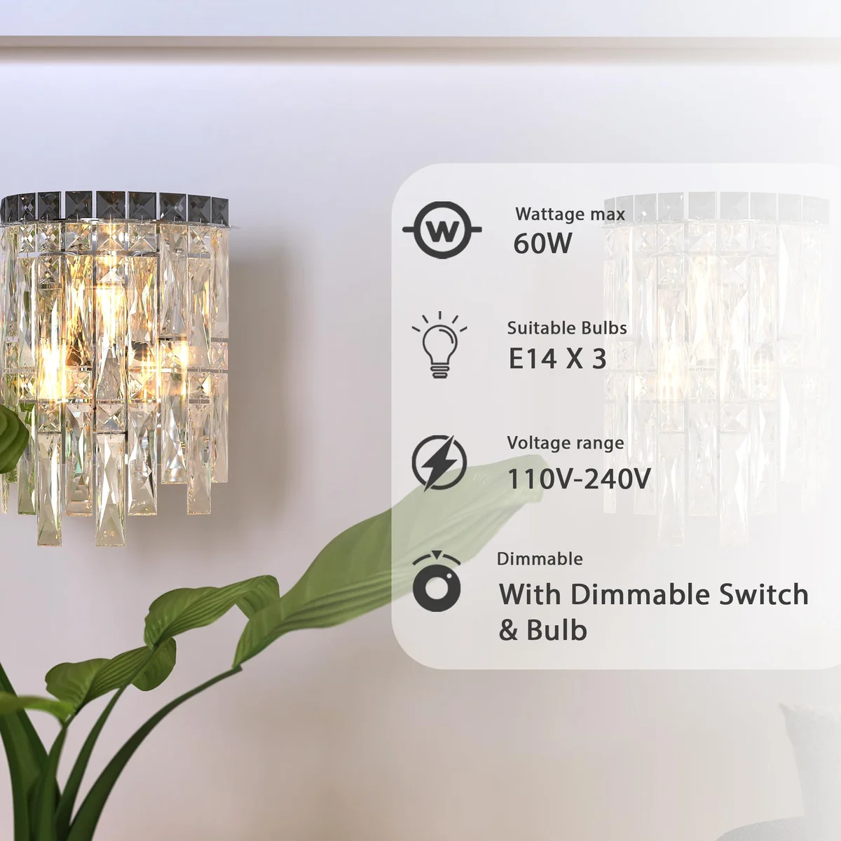 Modern LED crystal chandelier wall light with clear crystal frame and chrome finish, rectangular shape, dimmable design