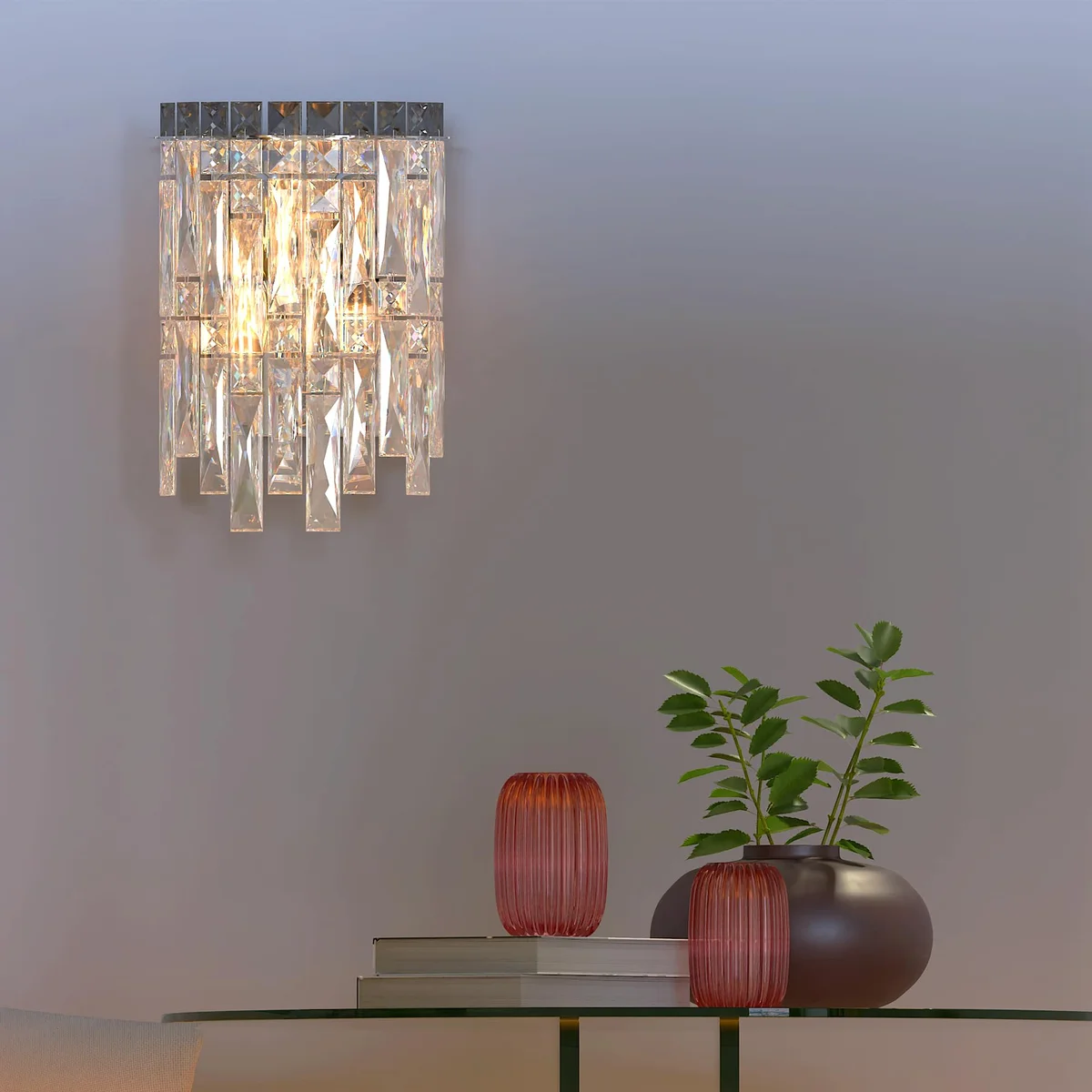 Modern LED crystal wall mounted chandelier light with chrome frame and round clear crystals, suitable for indoor use