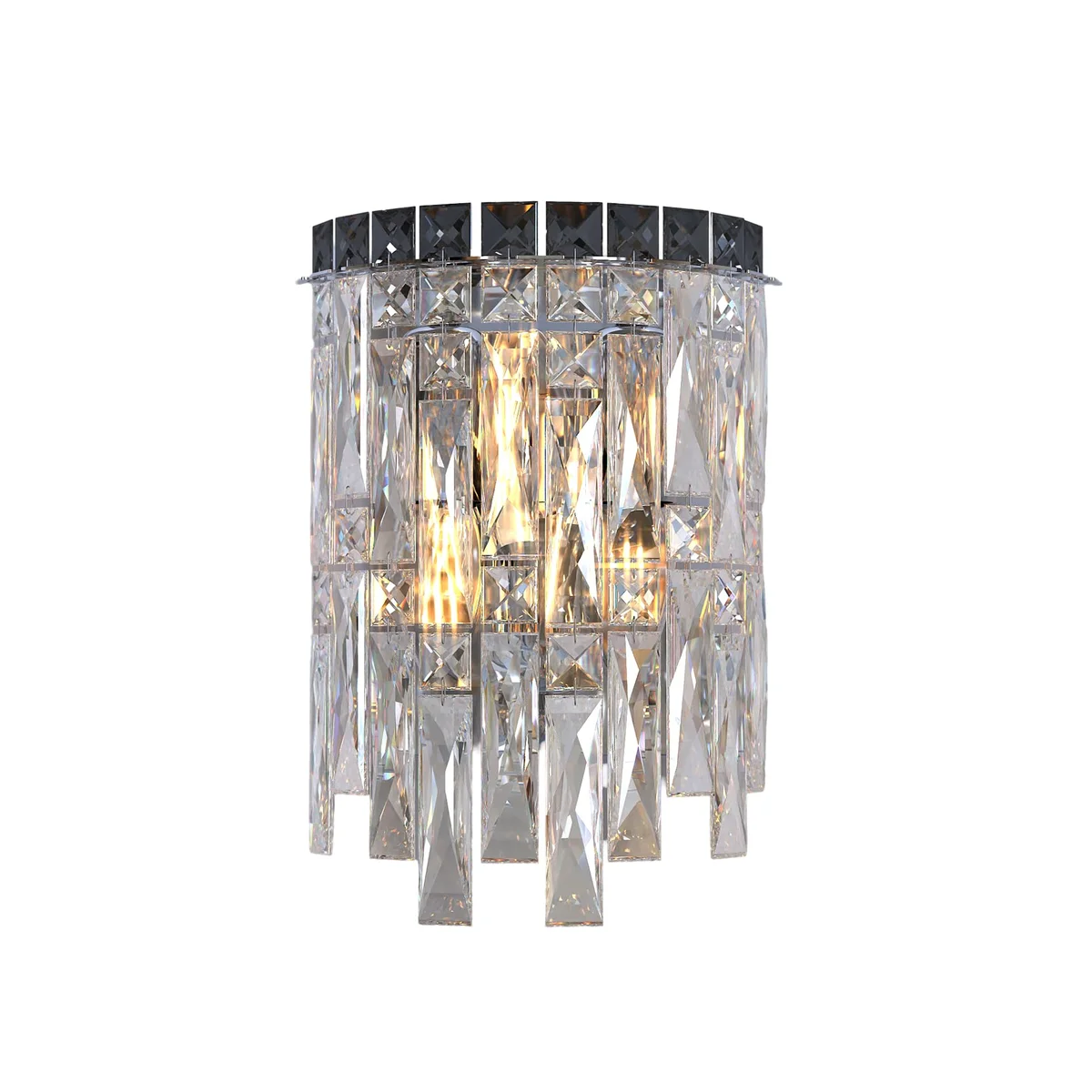 Modern chrome rectangular wall light with clear crystal frame and E14 bulb chandelier, dimmable for indoor use
