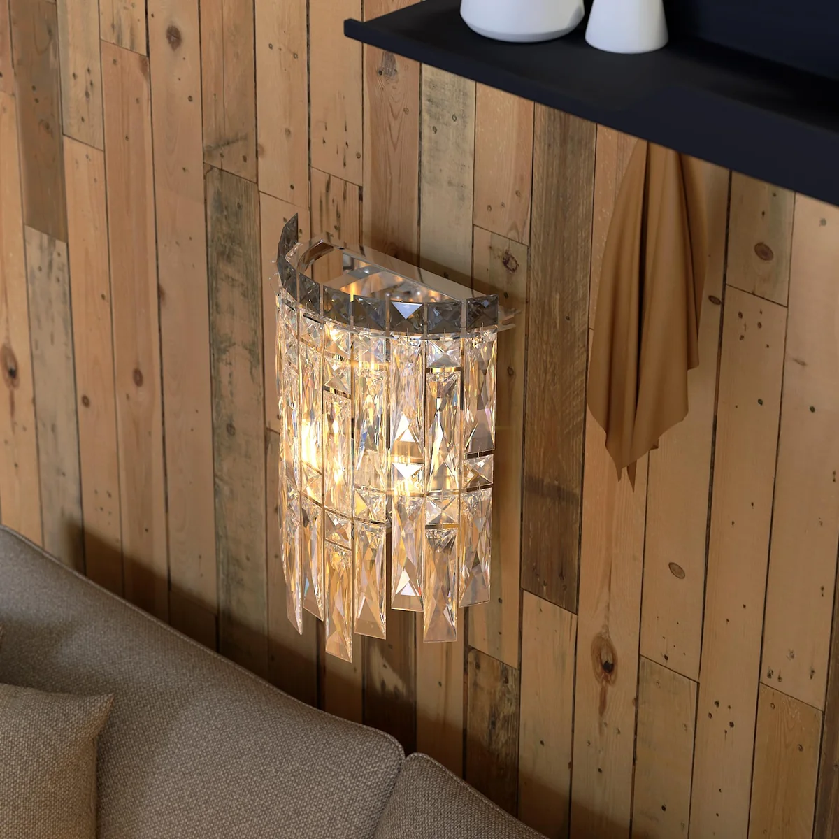 Modern dimmable indoor chandelier with clear crystal frame and chrome finish, wall-mounted rectangular design