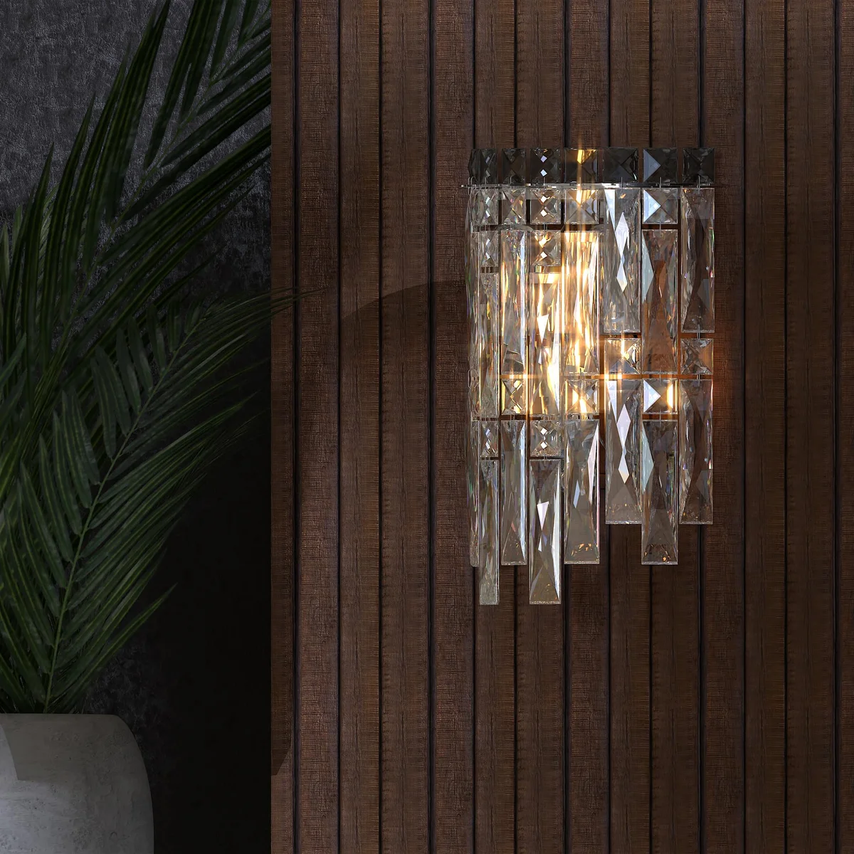 Rectangular crystal chandelier wall light with clear crystals and chrome frame, modern design, dimmable LED compatible