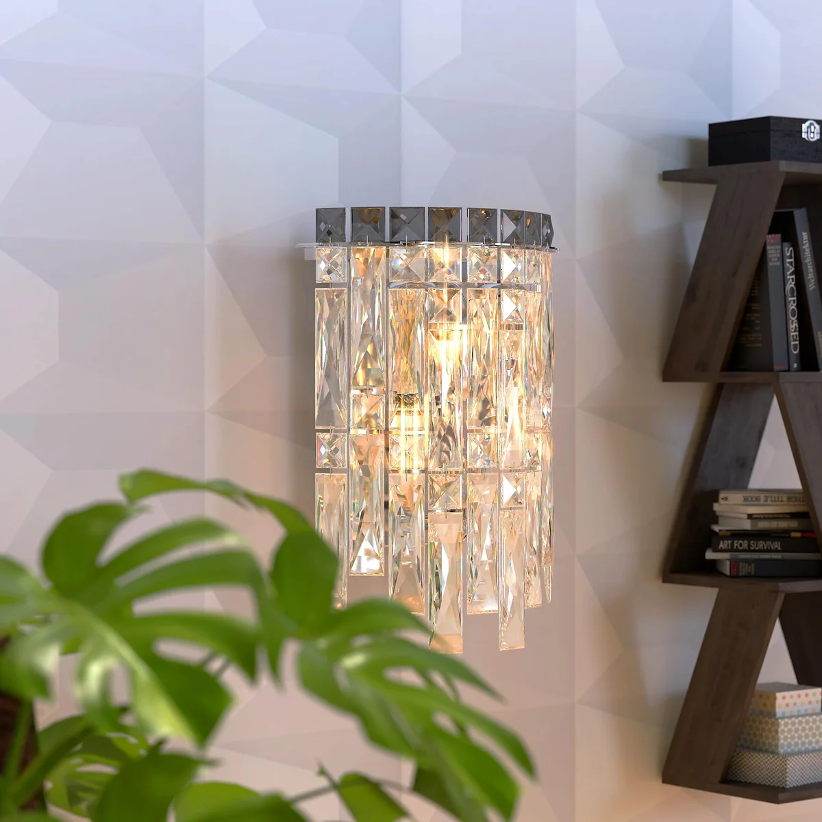Modern LED crystal chandelier wall light with clear crystals and chrome frame, rectangular shape, dimmable and wall mounted