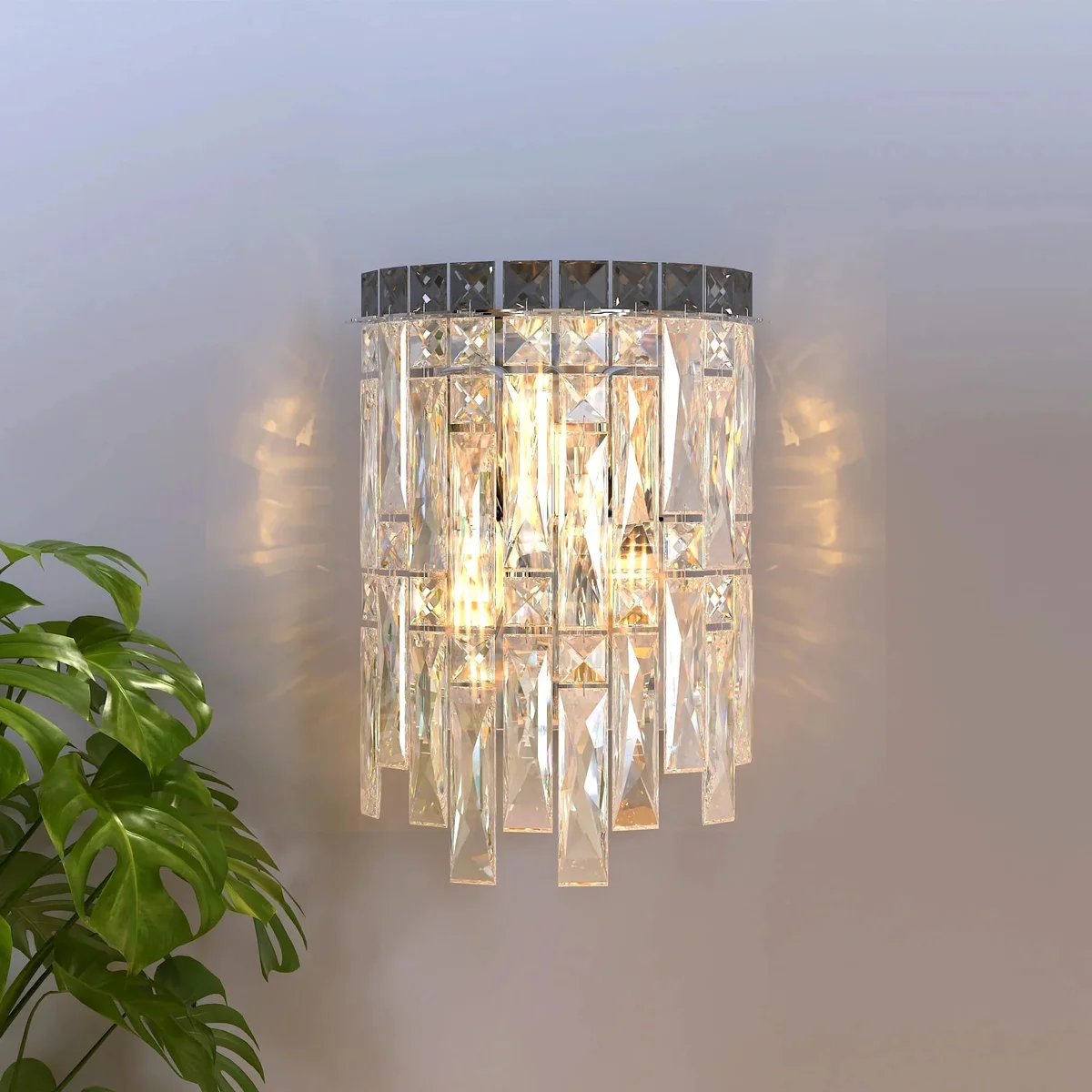 Modern LED crystal chandelier wall light with chrome frame and clear crystals, rectangular shape, dimmable and wall mounted.