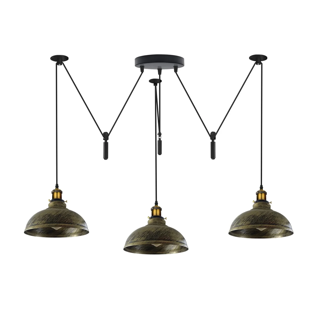 Industrial adjustable pendant light with three vintage metal shades and long cables hanging from ceiling rose