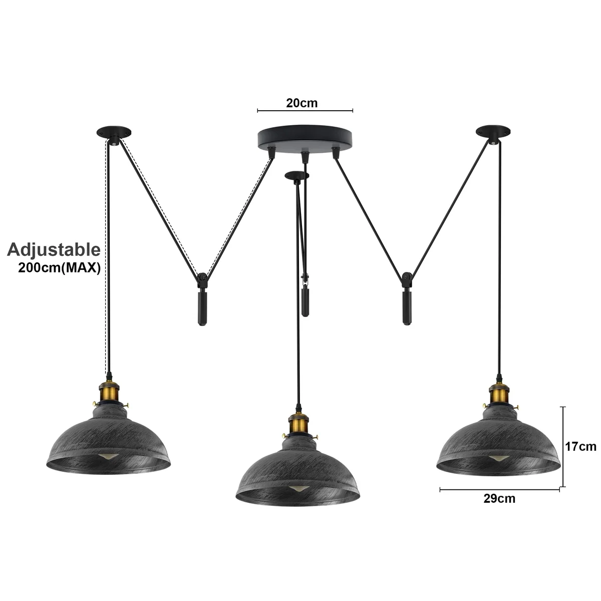Industrial pendant light with three adjustable E27 pendant lighting heads and vintage metal shades hanging from ceiling rose