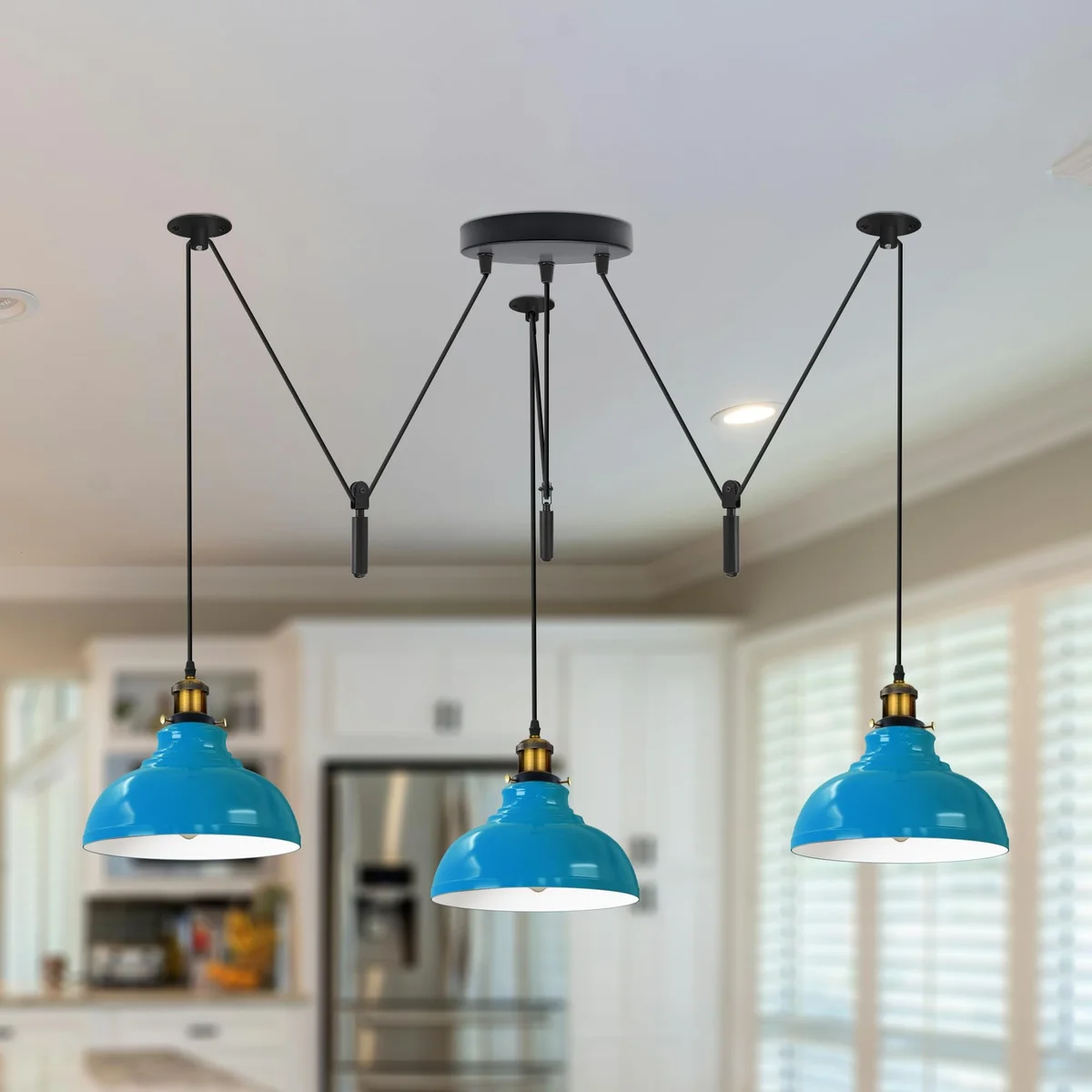 Adjustable industrial metal pendant lamp with three vintage-style shades hanging from ceiling, suitable for indoor use