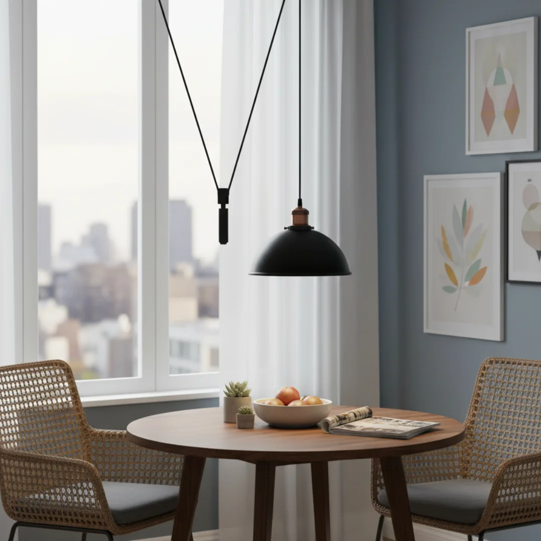 Black metal shaded adjustable pendant light with 2m pulley system and industrial vintage-modern design hanging from ceiling