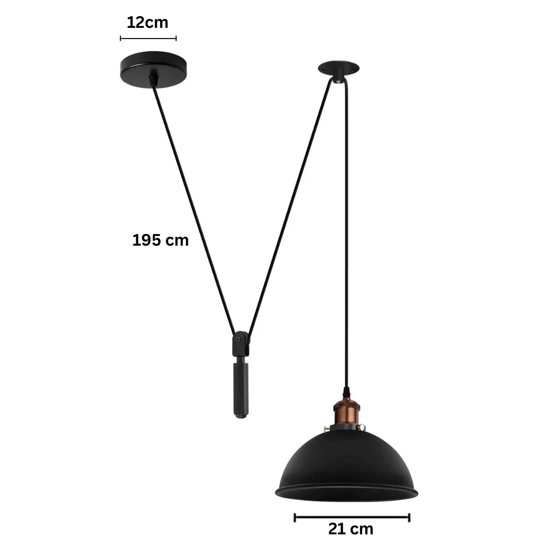 Black metal industrial pendant light with adjustable 2m cord and pulley system, featuring a dome shade and ceiling mount