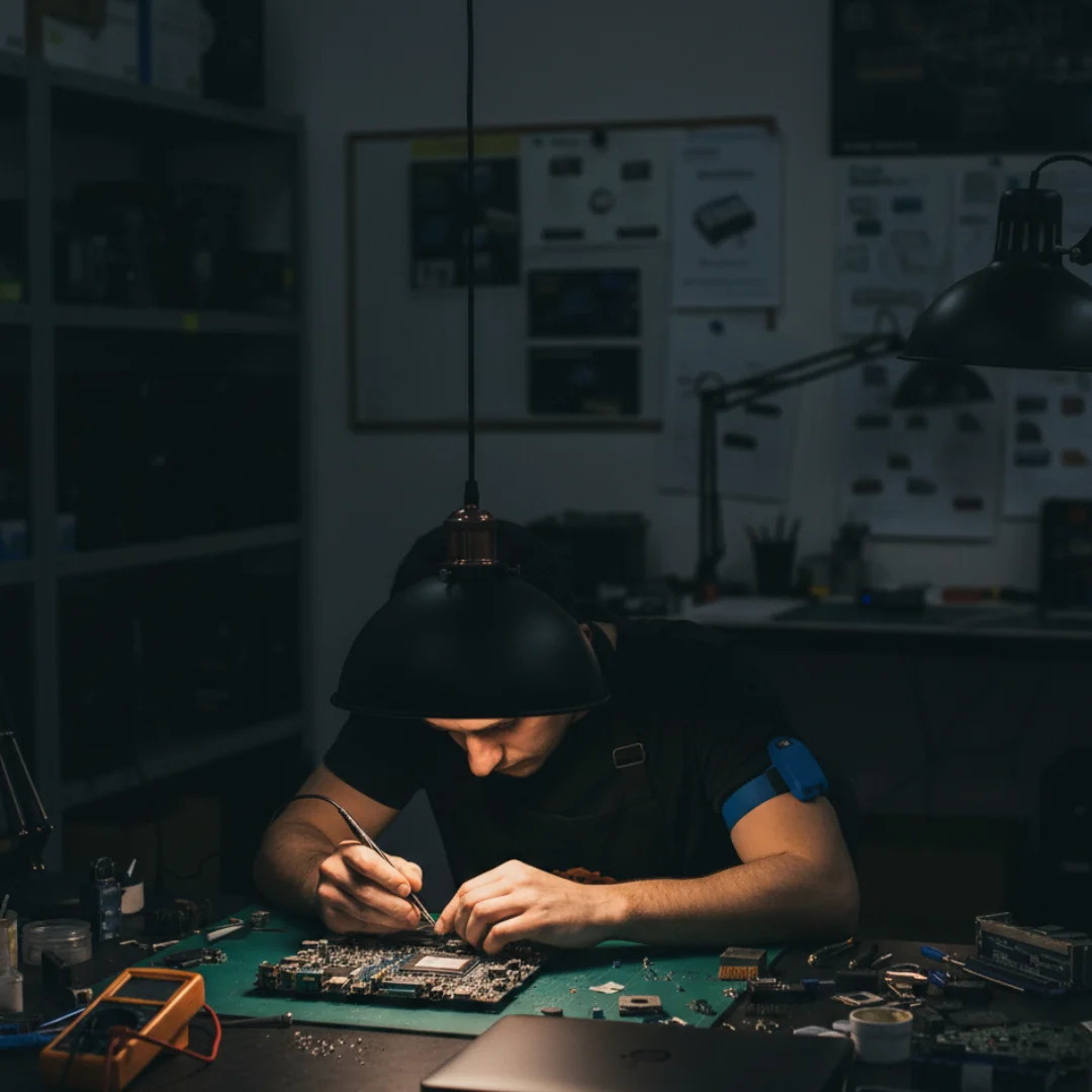 Black metal shaded pendant light with adjustable 2m pulley system hanging from ceiling in industrial style room