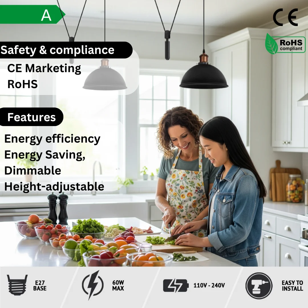 Black vintage pendant light with metal shade and 2m adjustable pulley system hanging from ceiling